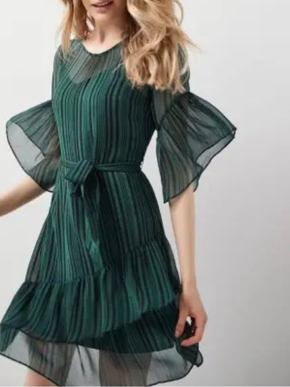 NWOT RW&CO Forest Green Navy Striped Belted Dress XS Long Sleeve Workwear Chic